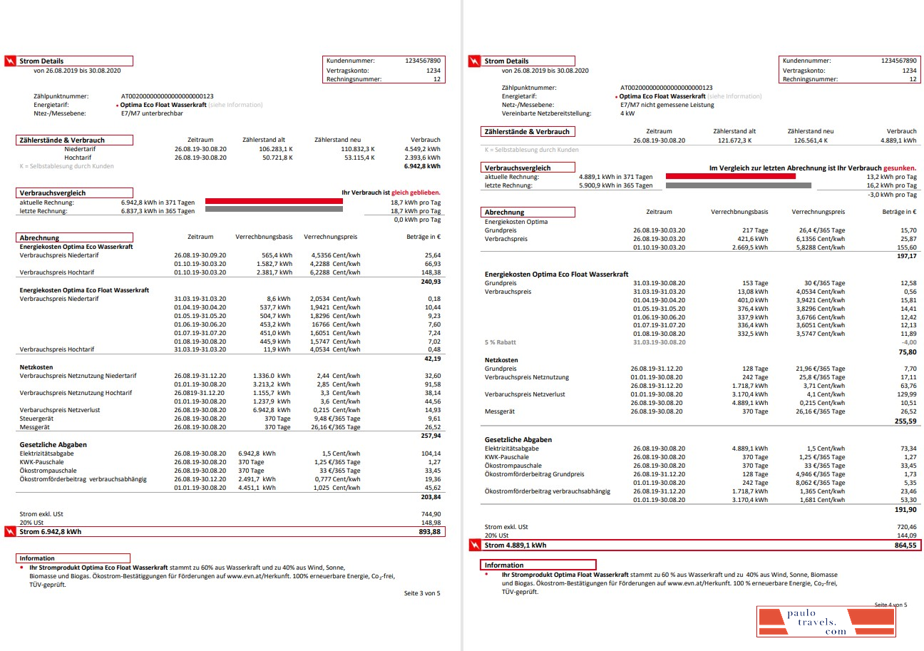 Austria EVN electricity utility bill 5 pages 3 4
